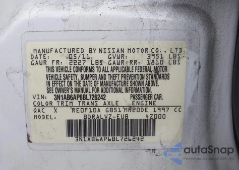 2011 Nissan Sentra 2.0Sl из США, поврежденный, VIN 3N1AB6AP6BL726242